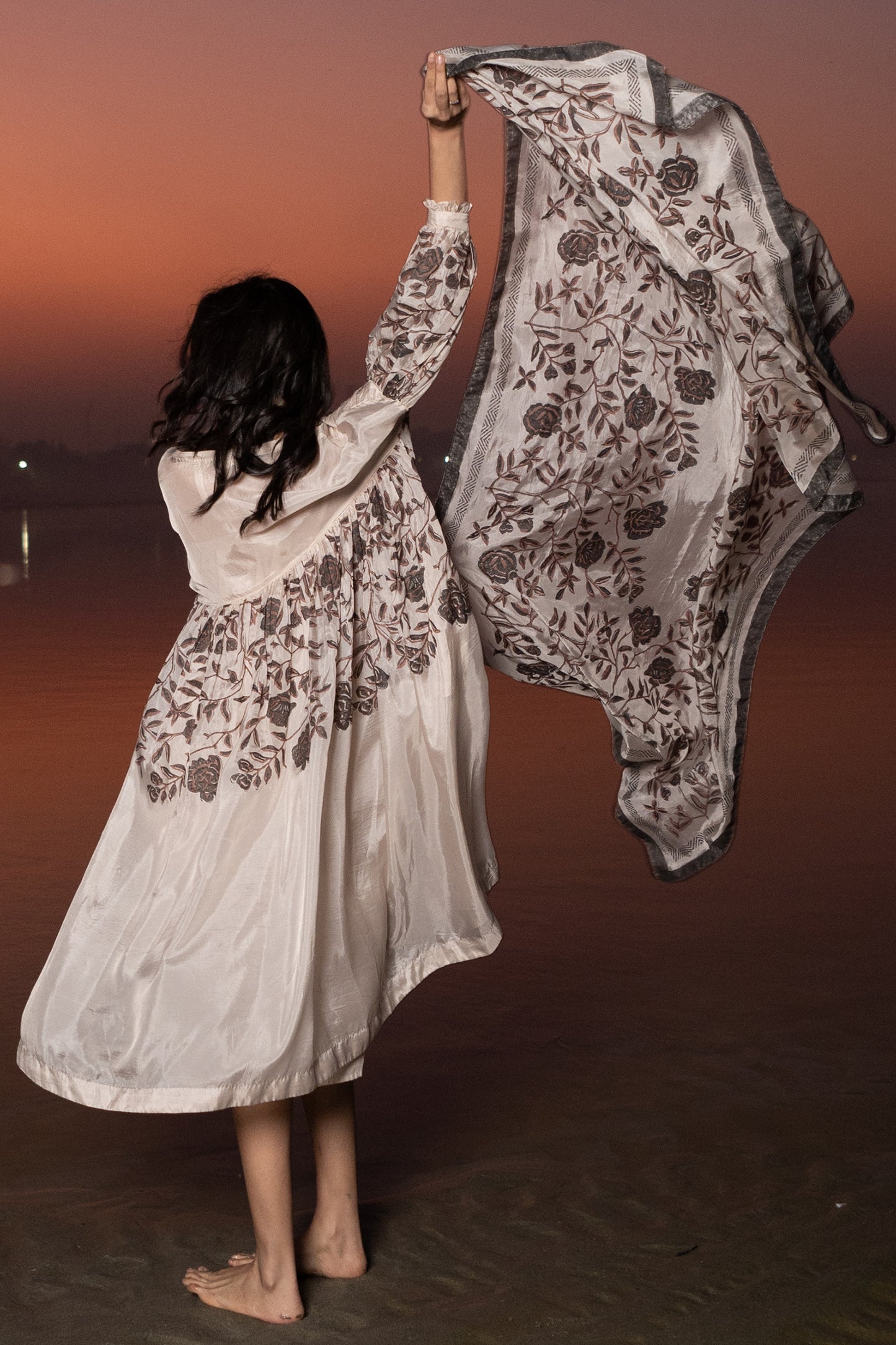 Hand block printed stole ivory