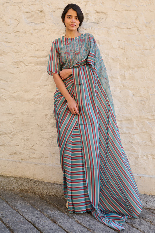 Viscose tabby hand embroidered saree teal