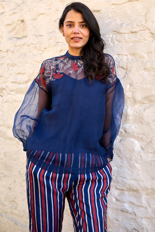 Pam silk organza top navy blue