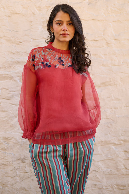Pam silk organza top brick red