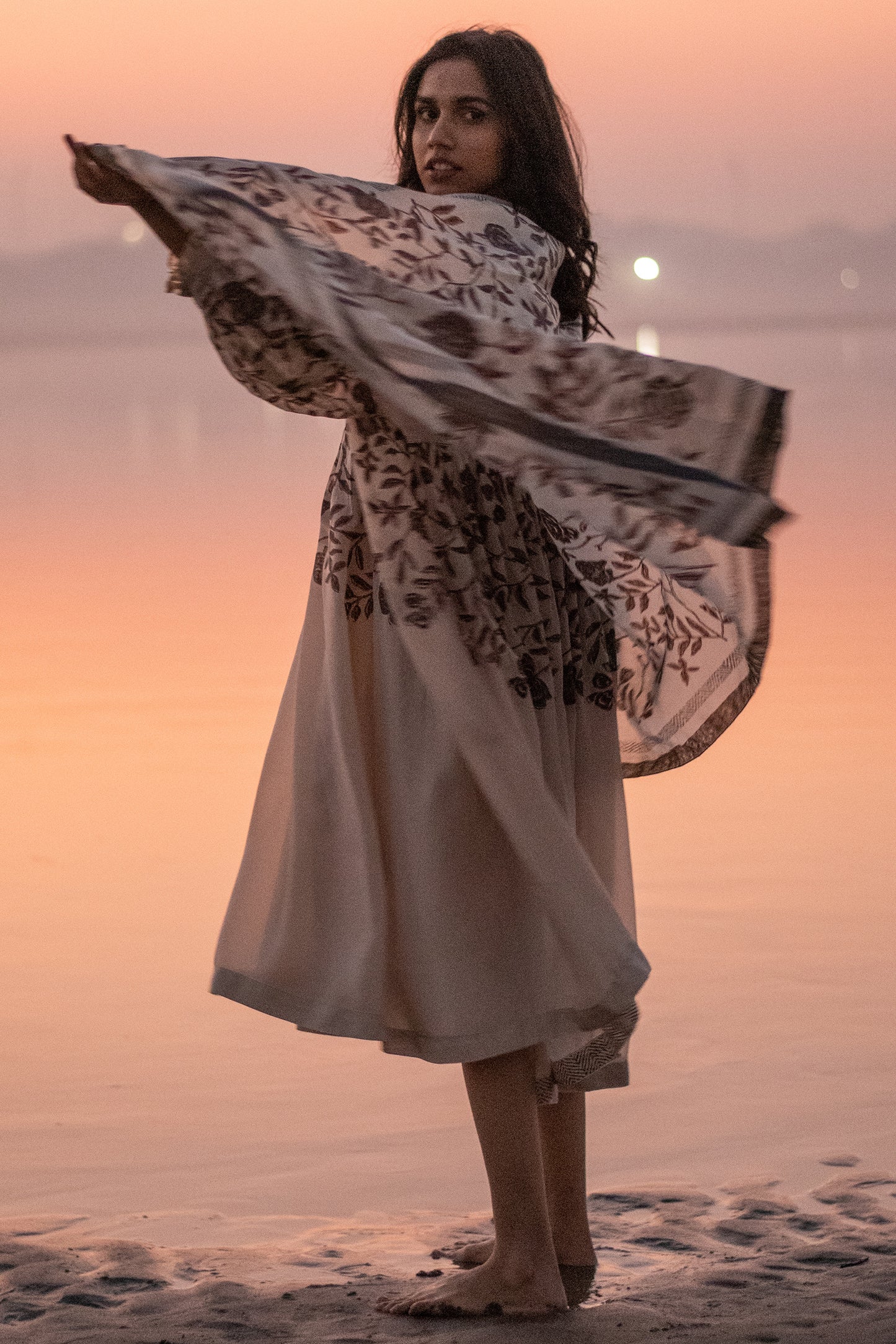 Hand block printed stole ivory