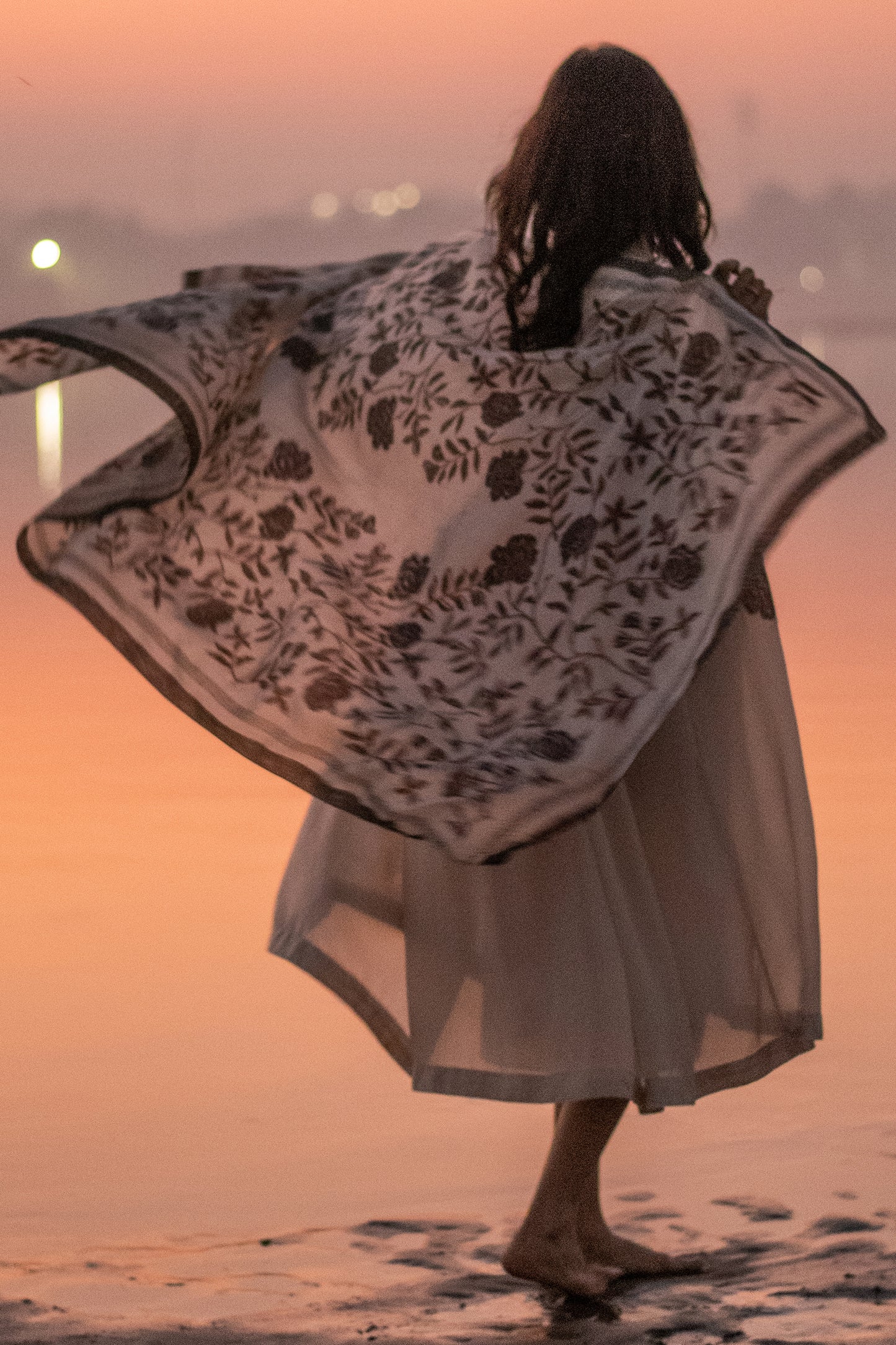 Hand block printed stole ivory