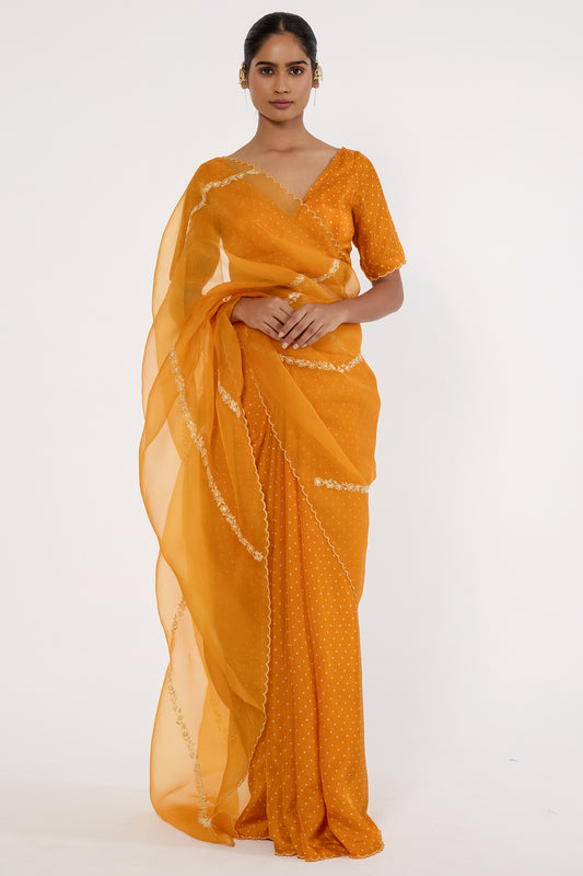 Silk organza dotted pleats saree