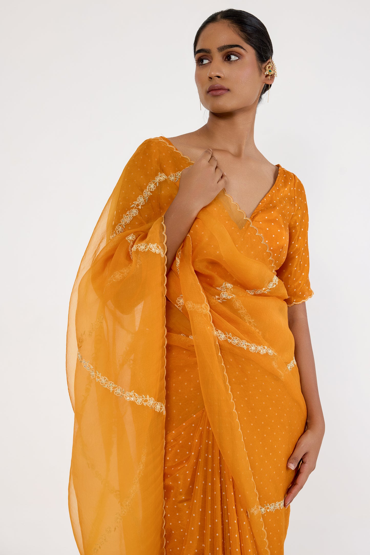 Silk organza dotted pleats saree