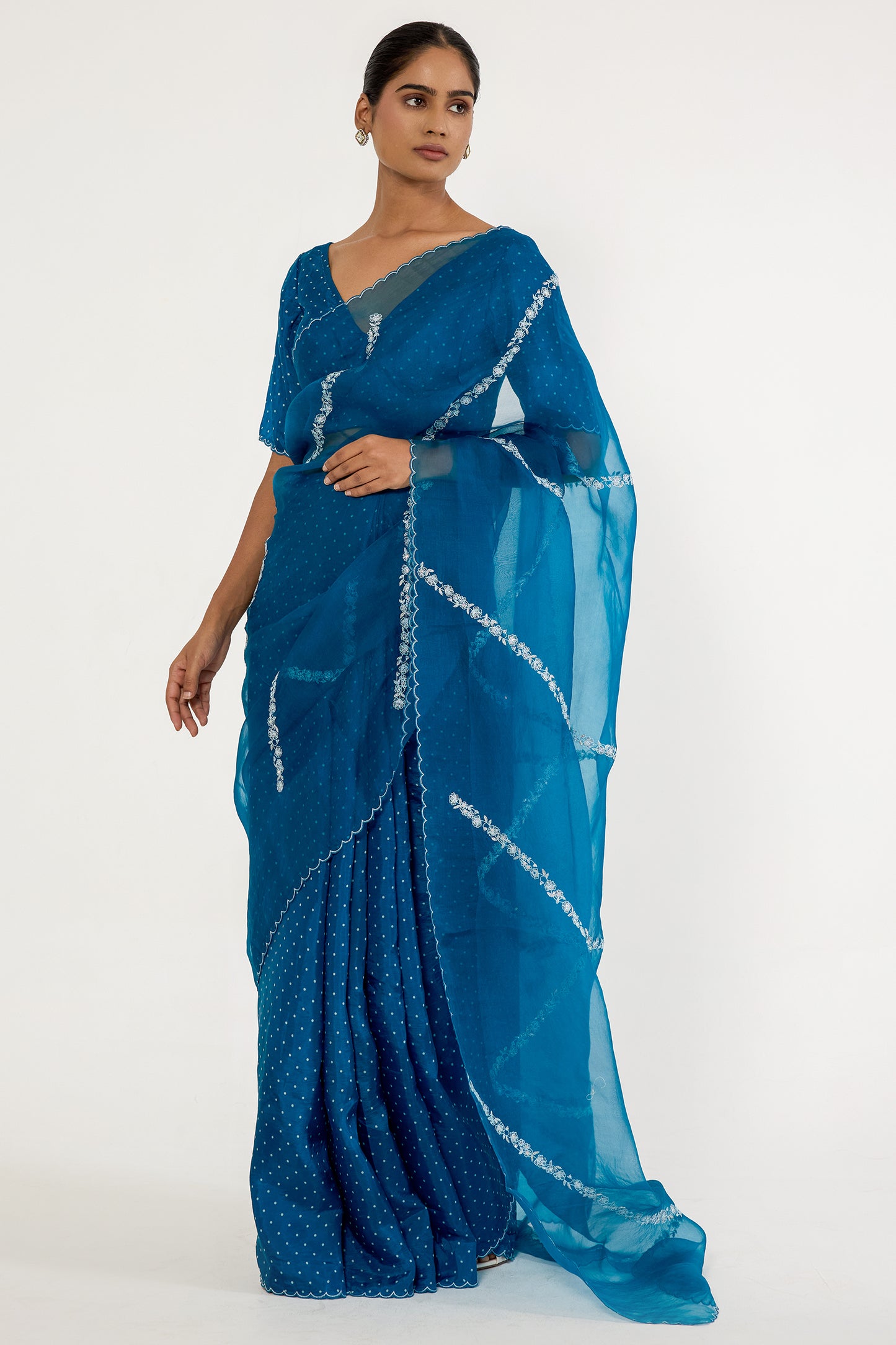 Silk organza dotted pleats saree