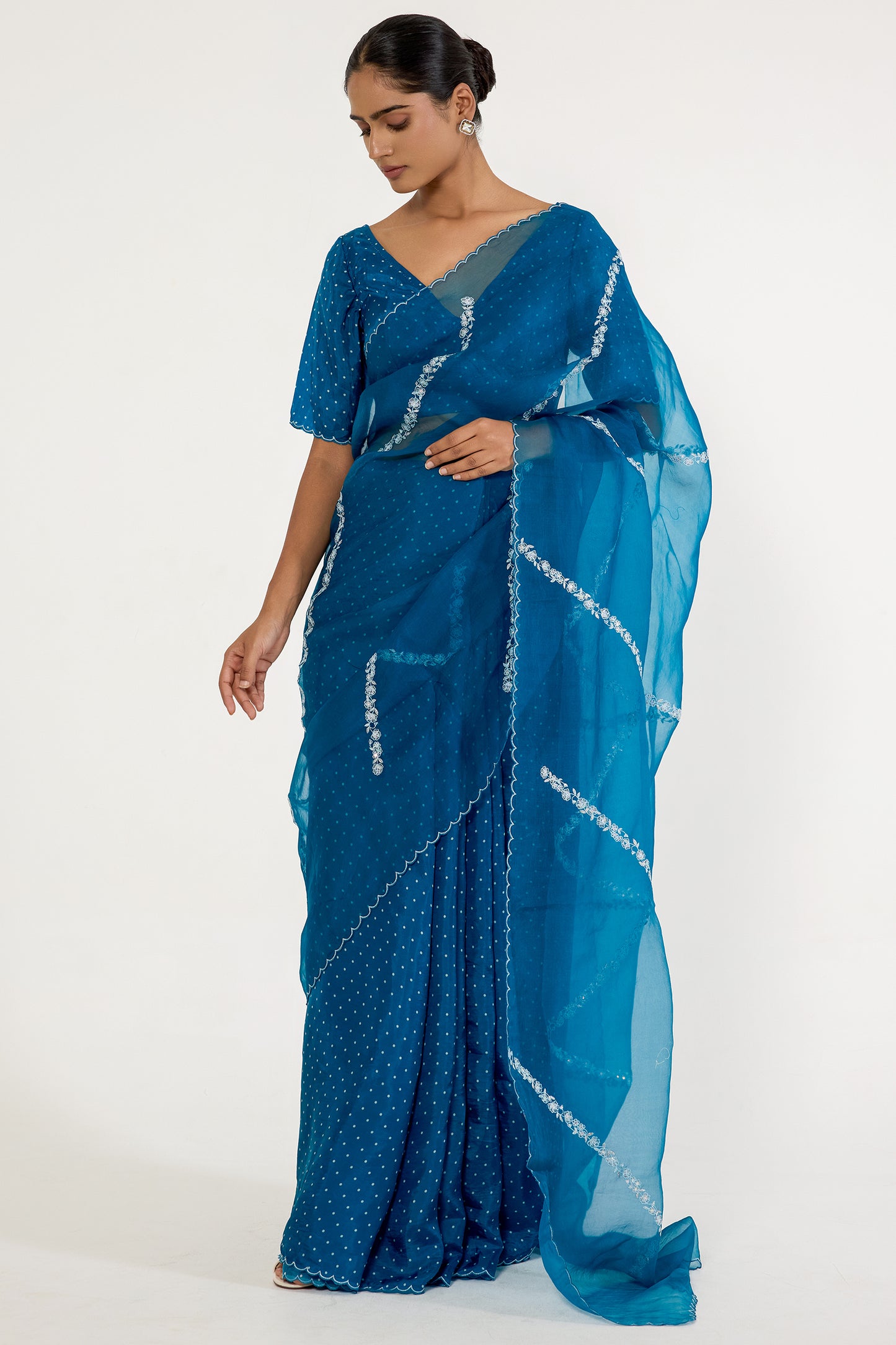 Silk organza dotted pleats saree