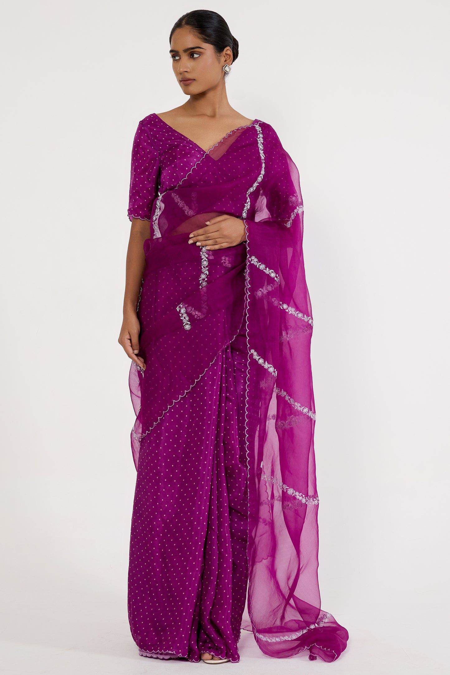 Silk organza dotted pleats saree