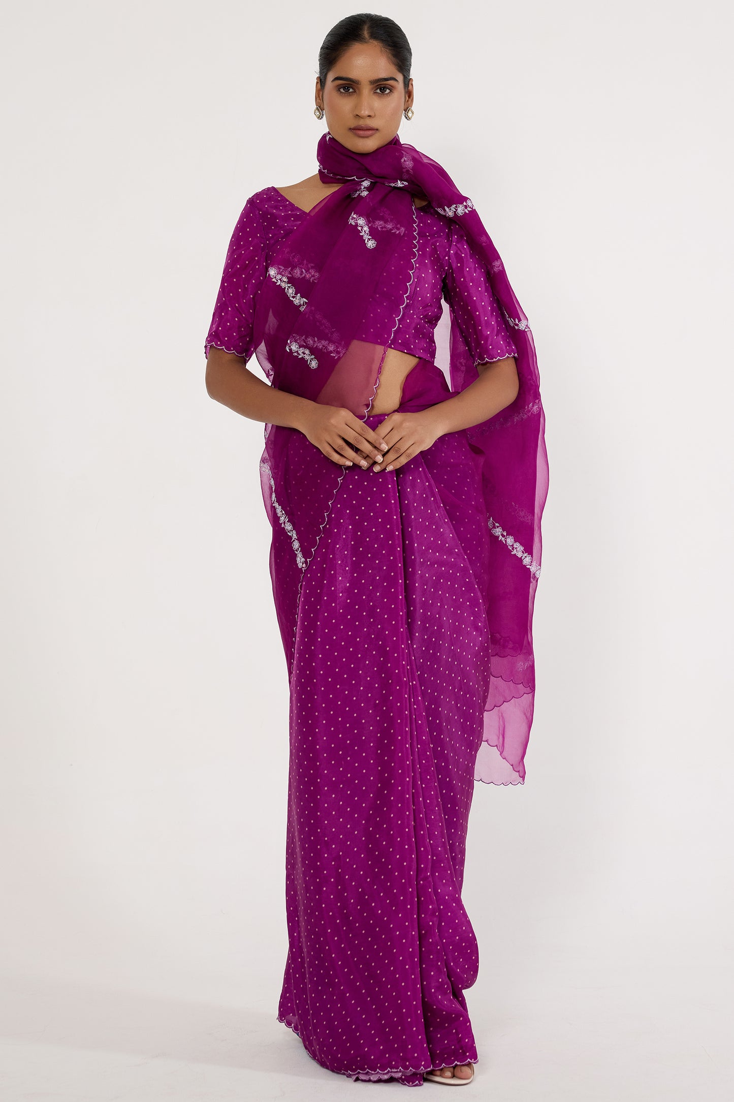 Silk organza dotted pleats saree