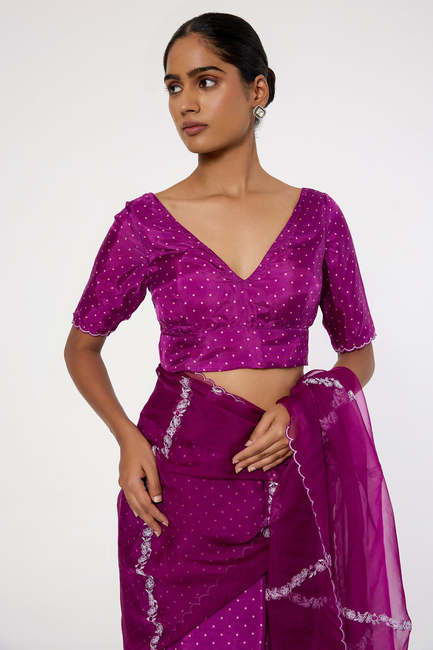 Silk organza dotted pleats saree