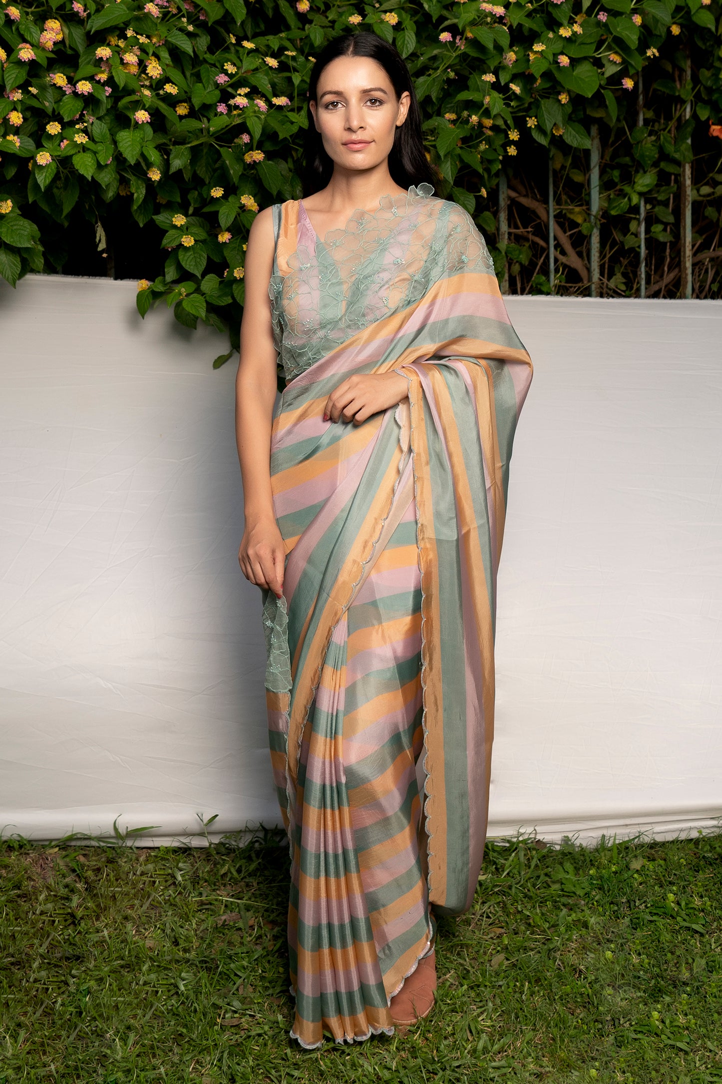 Silk organza multi stripes saree