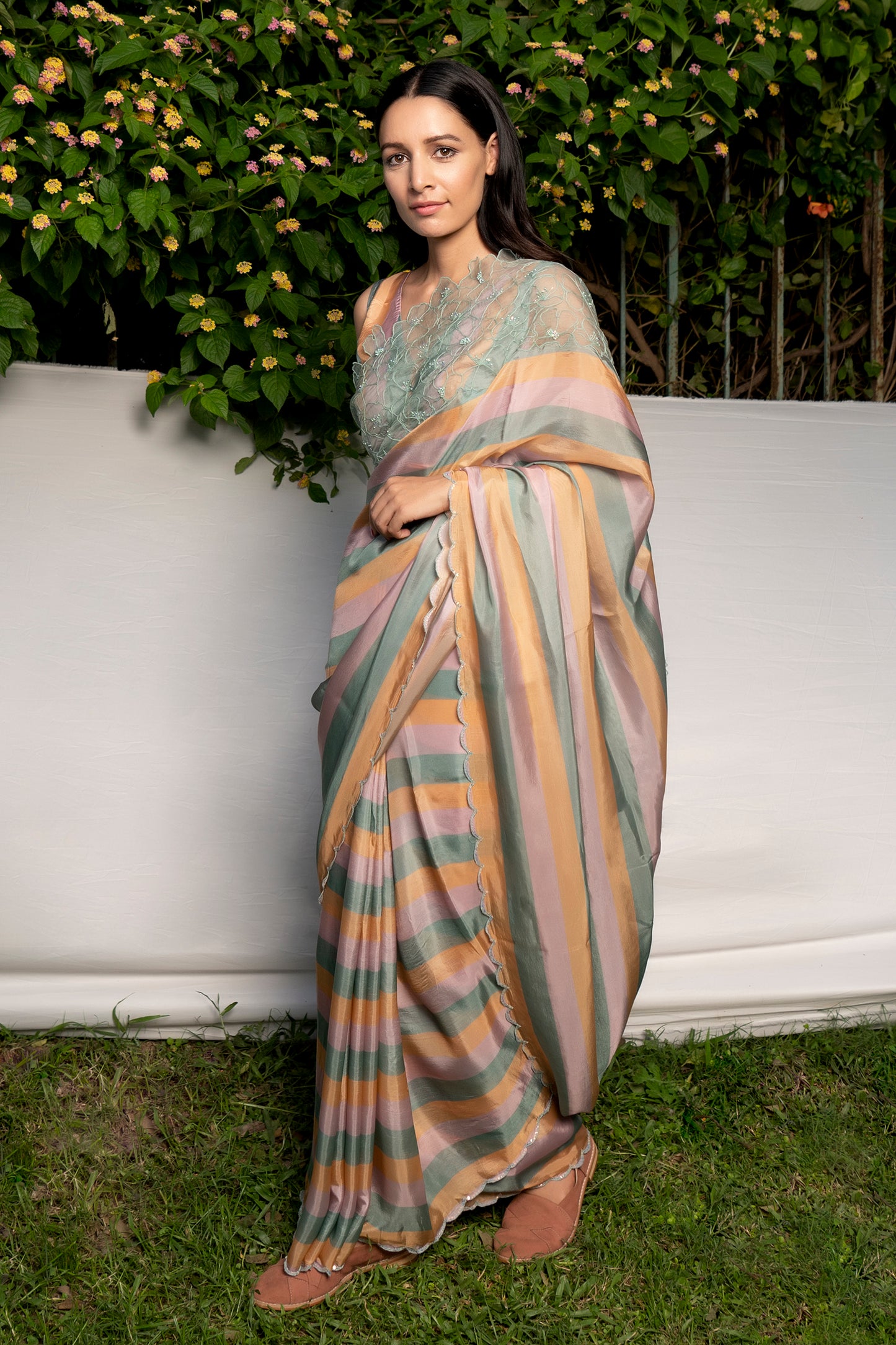 Silk organza multi stripes saree
