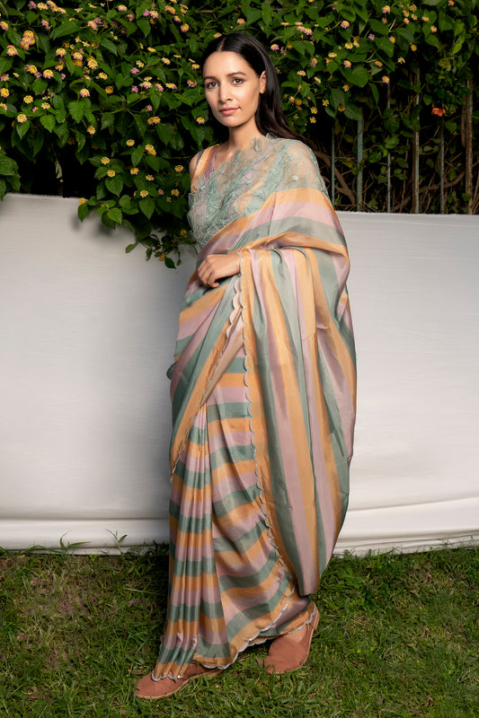 Silk organza multi stripes saree