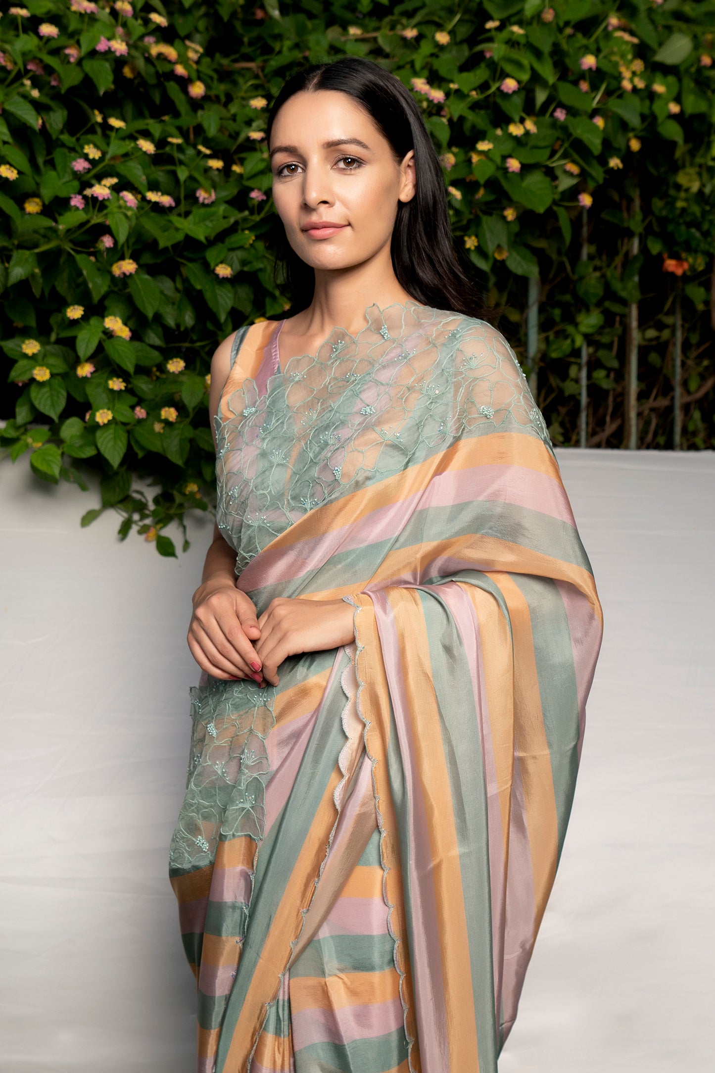 Silk organza multi stripes saree