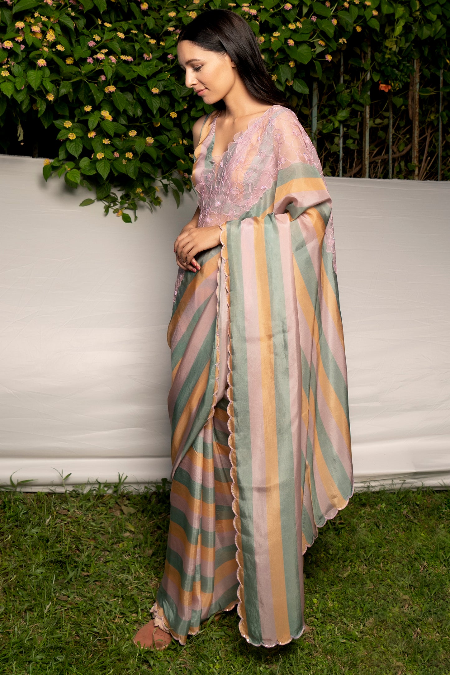 Silk organza multi stripes saree