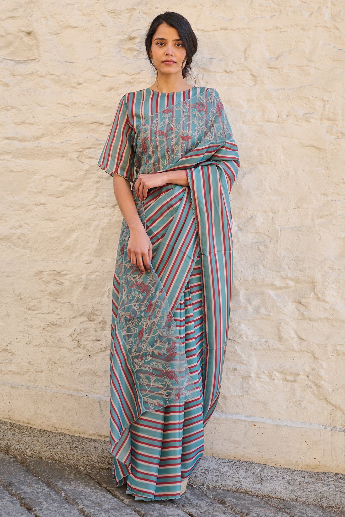 Viscose tabby hand embroidered saree teal