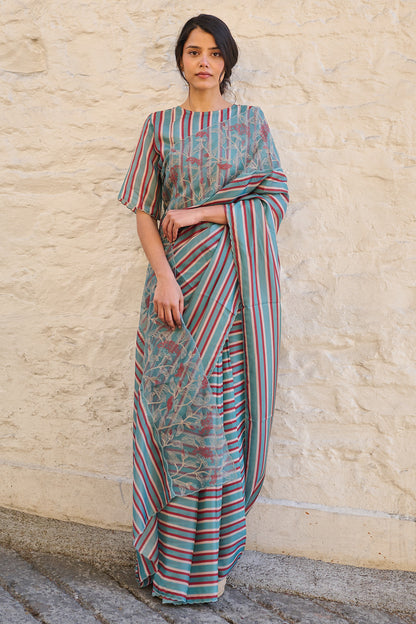 Viscose tabby hand embroidered saree teal