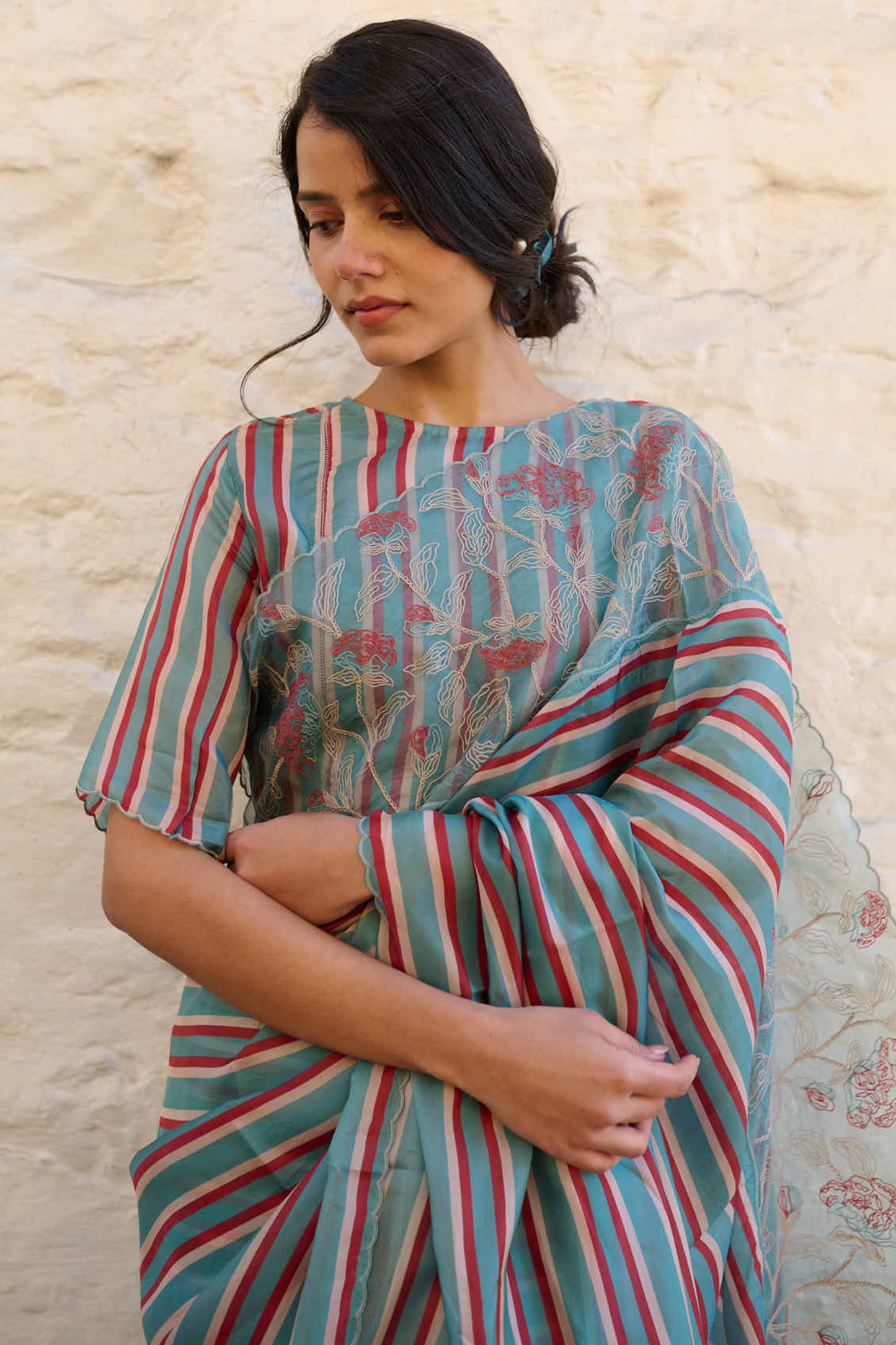 Viscose tabby hand embroidered saree teal