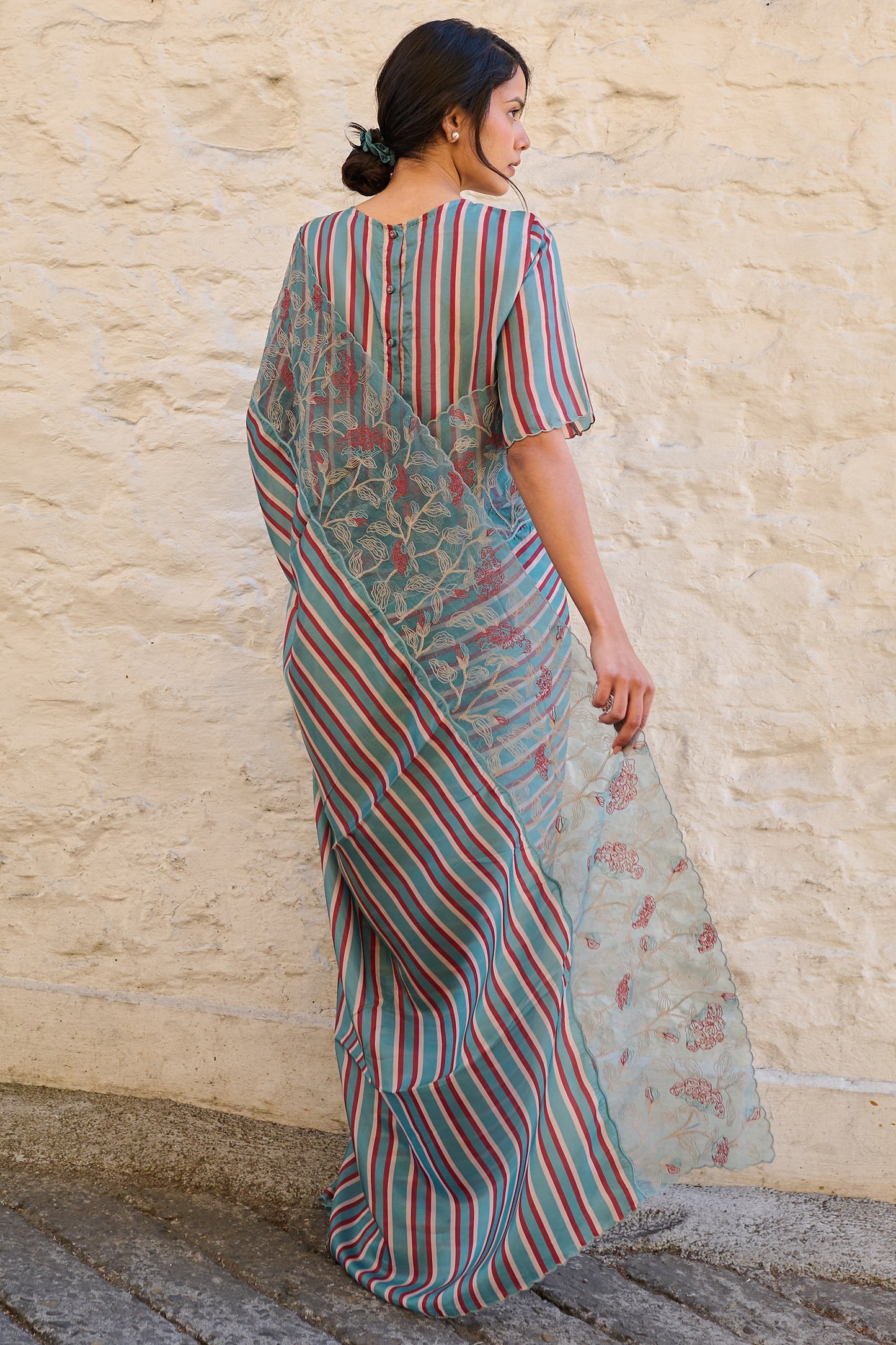 Viscose tabby hand embroidered saree teal