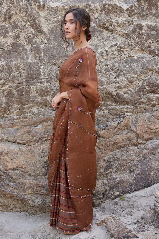 Silk organza striper pleats saree