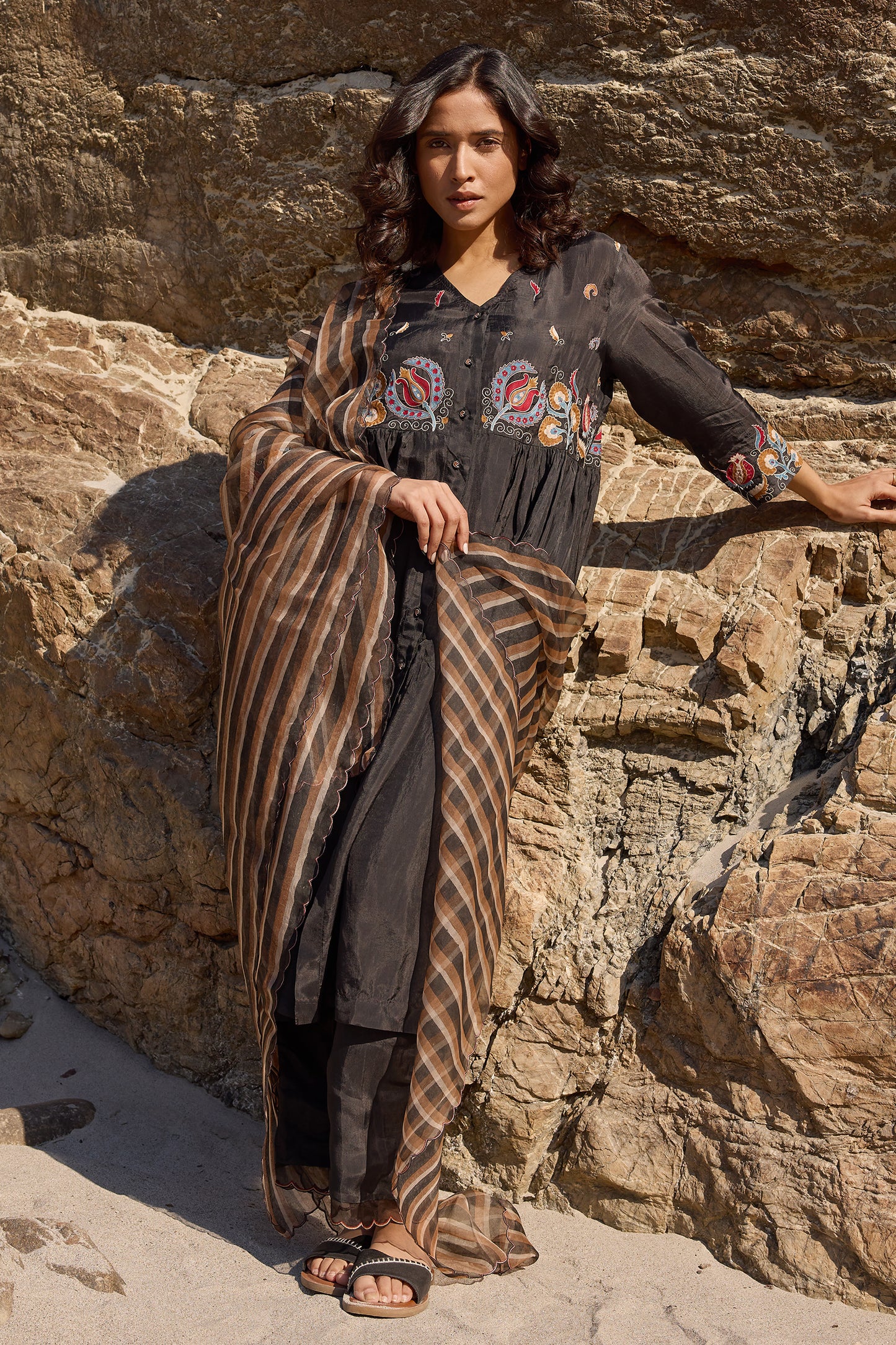 Silk organza block printed striper dupatta