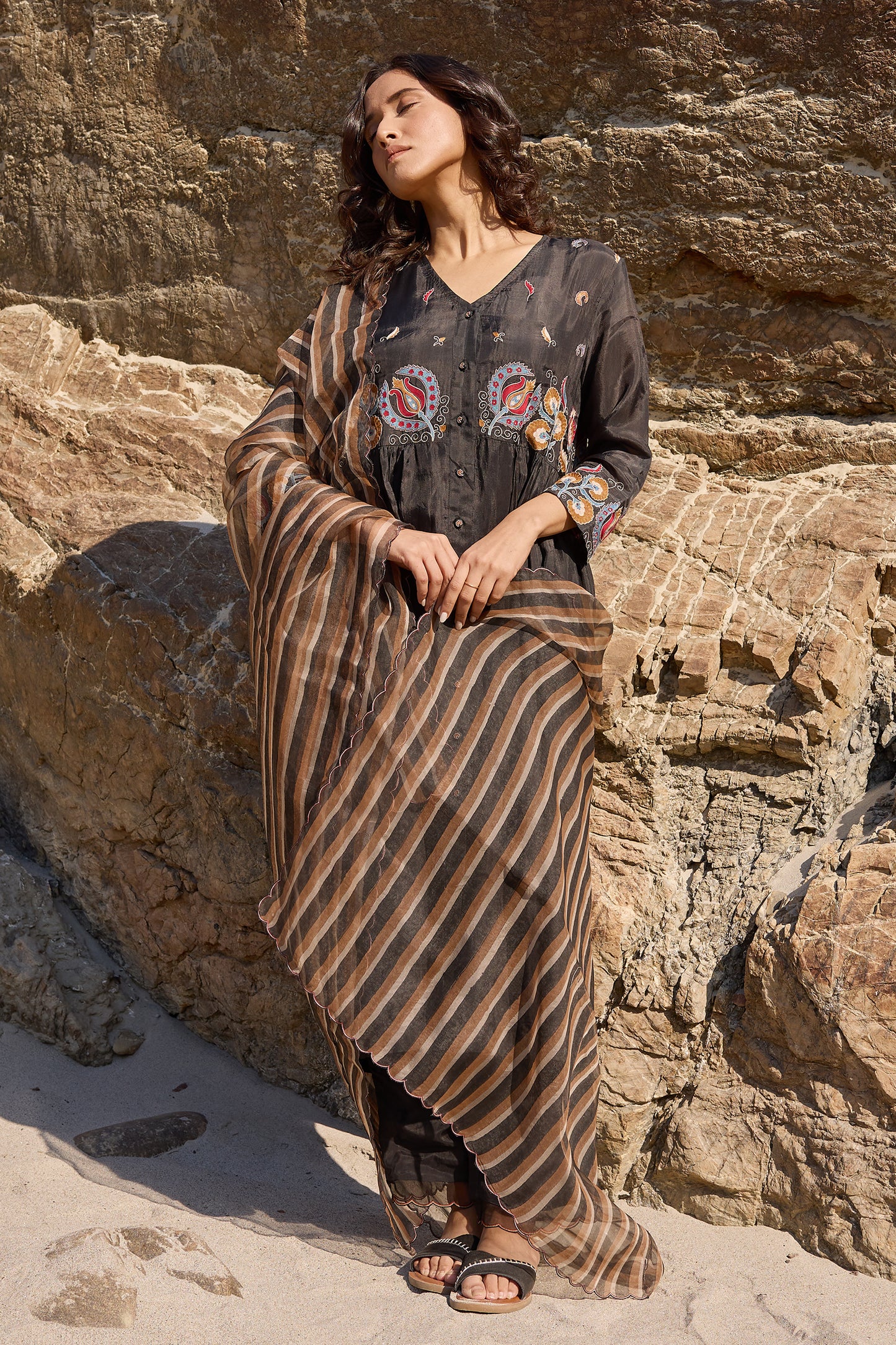 Silk organza block printed striper dupatta