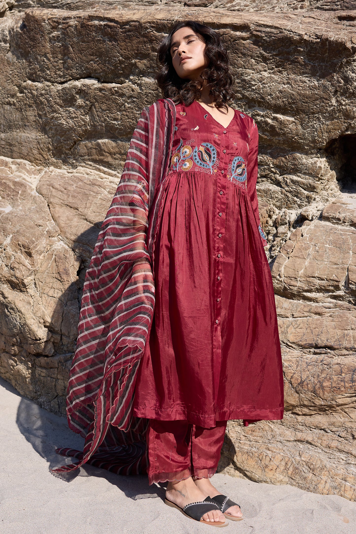 Silk organza block printed striper dupatta