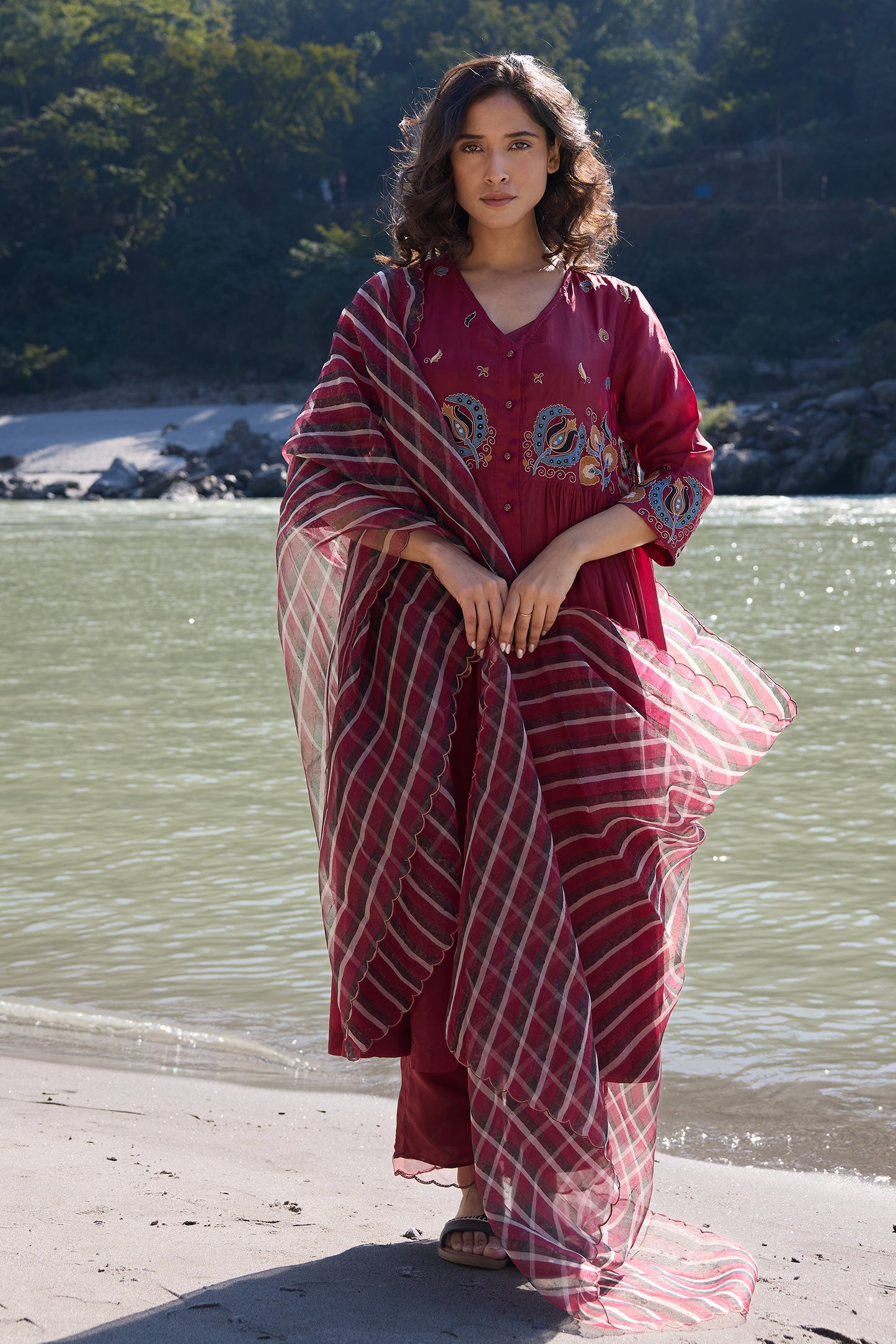 Silk organza block printed striper dupatta