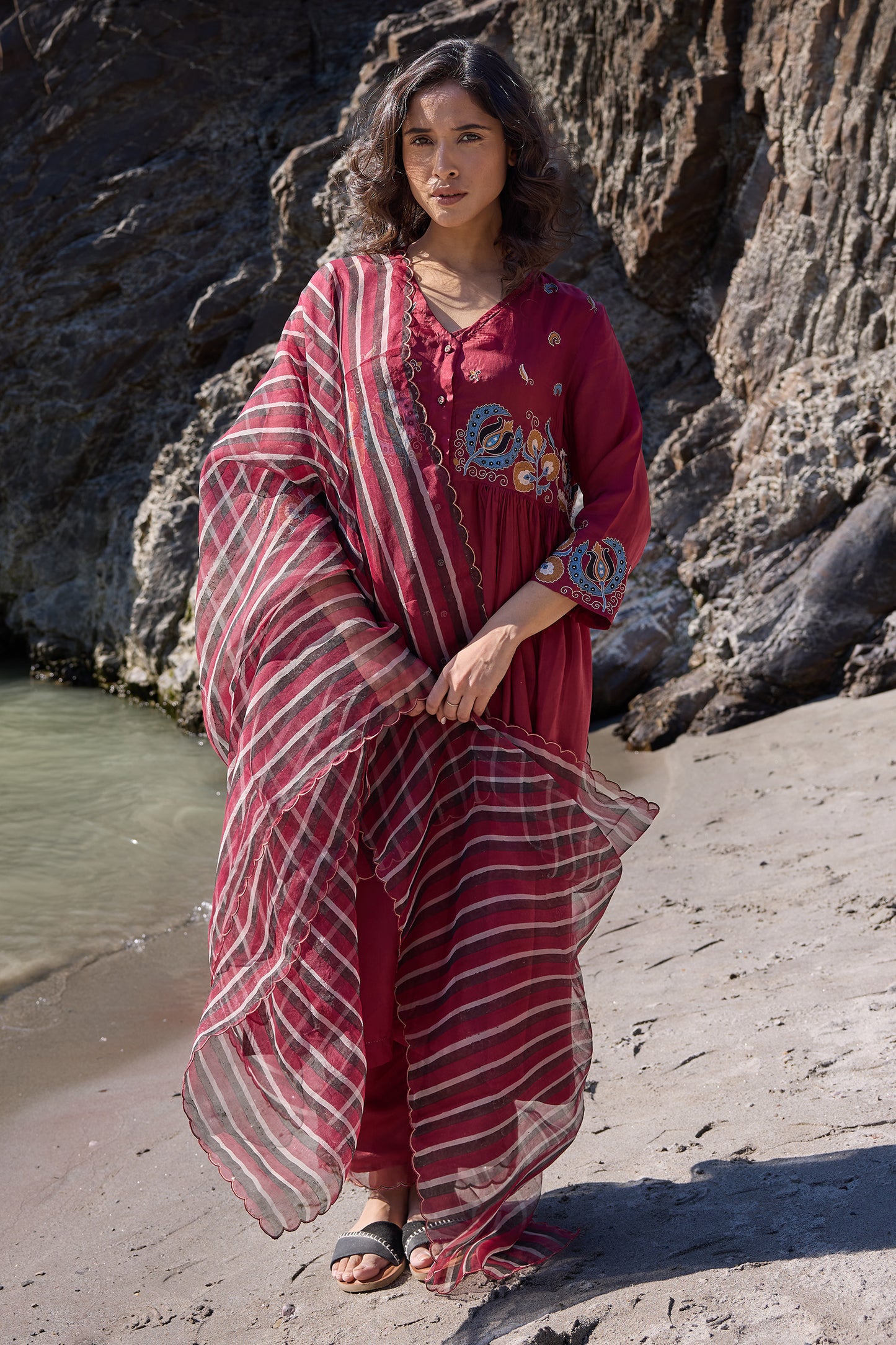 Silk organza block printed striper dupatta