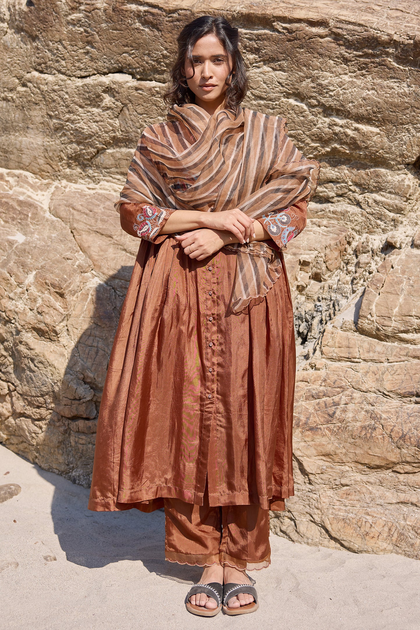 Silk organza block printed striper dupatta