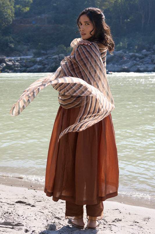 Silk organza block printed striper dupatta