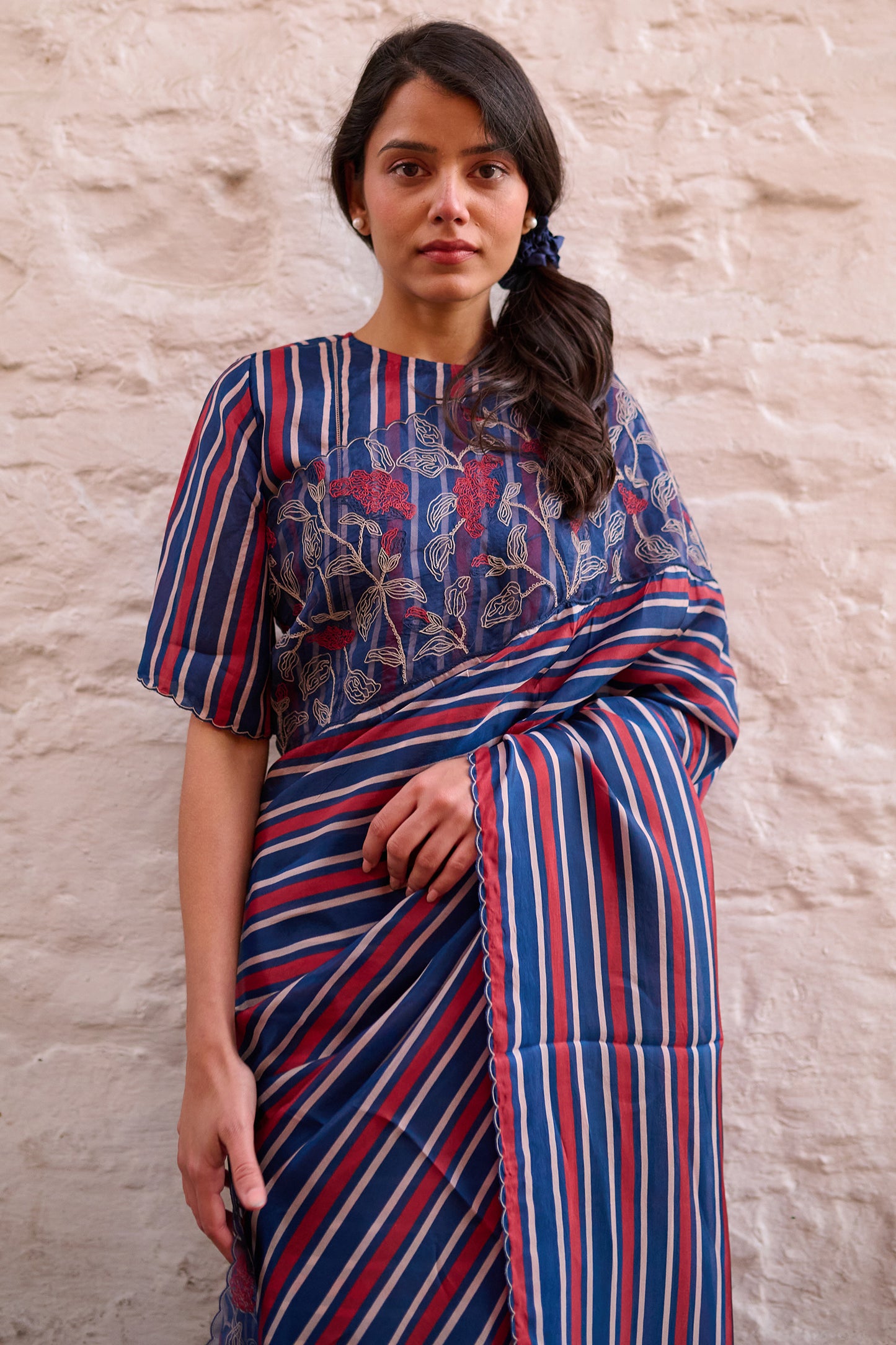 Viscose tabby hand embroidered saree teal